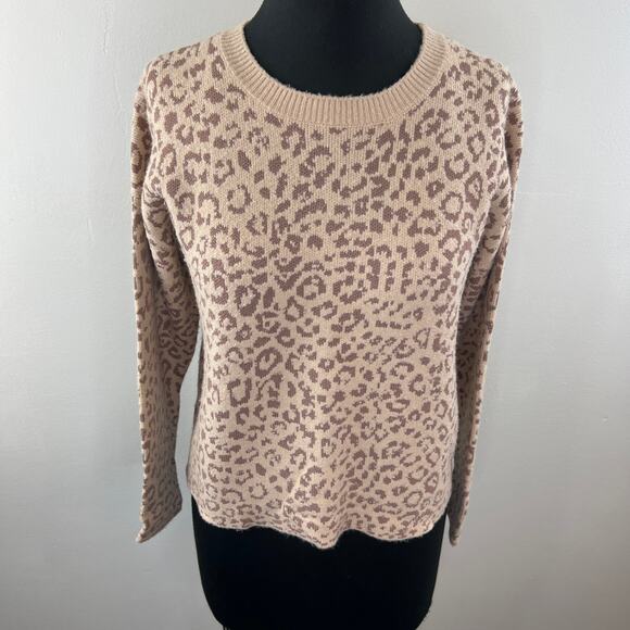 JOIE Beige Brown S Knit Sweater Leopard Print Crew Neck Long Sleeve Pullover - Picture 2 of 9